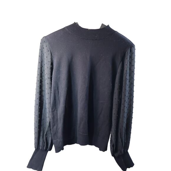 Vince Camuto Black Sweater Sheer Sleeves Mock Neck Cotton-Blend Sz M - Picture 1 of 11